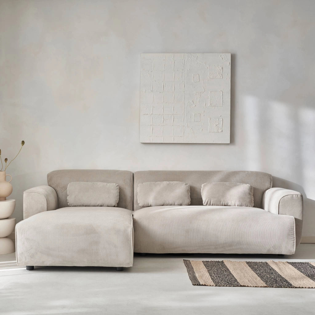 Divano angolare sinistro in velluto a coste fini, 2-3 posti, beige