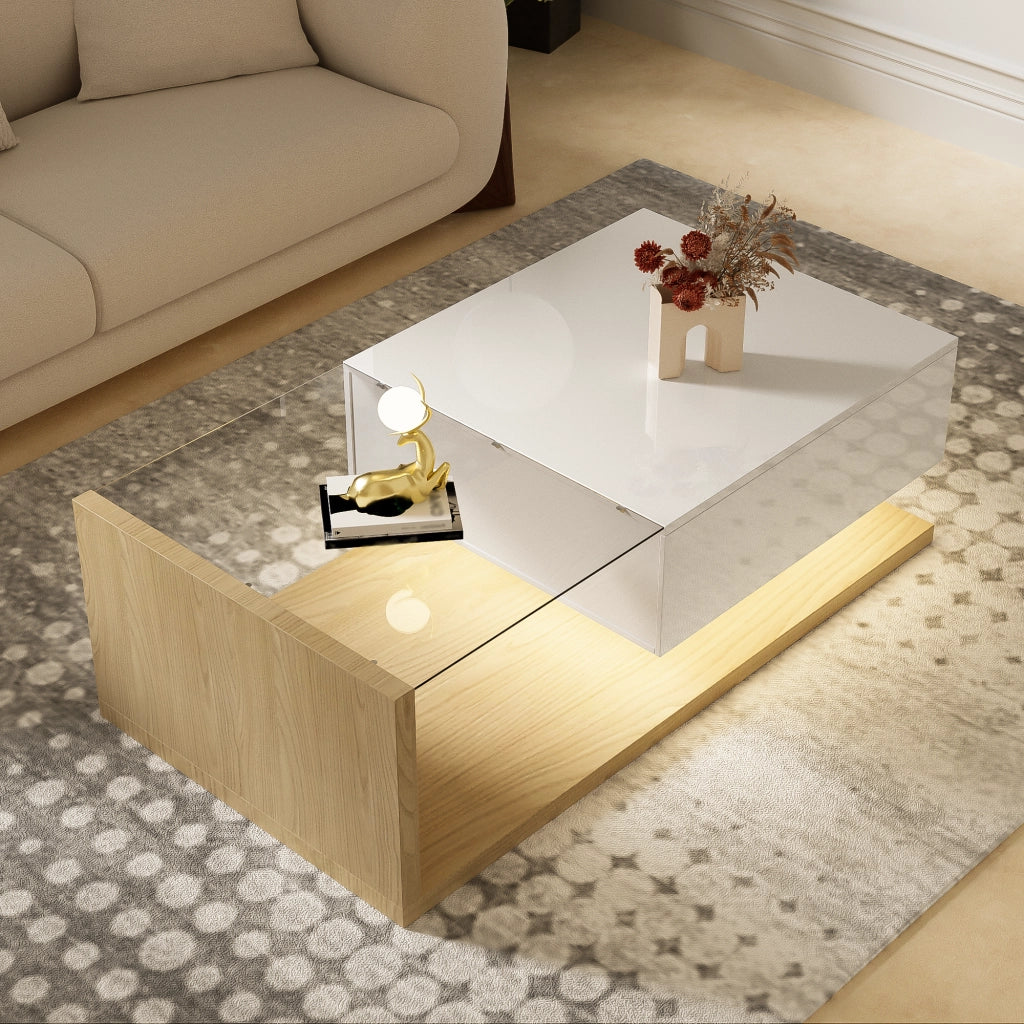 Tavolino da caffè 105x55x32.5 cm; con vano e LED 16 colori; truciolare; bianco lucido e colore naturale