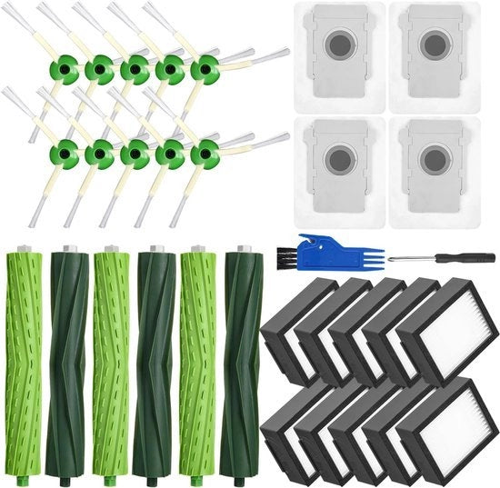 Accessori di riserva per Roomba serie E/I/J, accessori per borsetta per Roomba serie E/I/J, 3 set di setole in gomma, 10 filtri di alta qualità, 10 setole laterali, 4 sacchetti di polvere