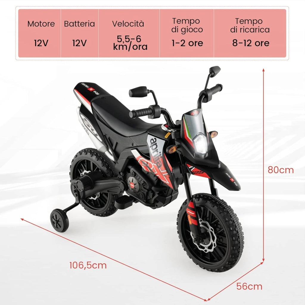 12V Aprilia Moto Cavalcabile per Bambini, Motocicletta Elettrica con Ruote Ausiliarie e Musica Wireless, Sospensione a Molla, Moto Elettrica alla Moda per Bambini 3-8 Anni (Rosso)