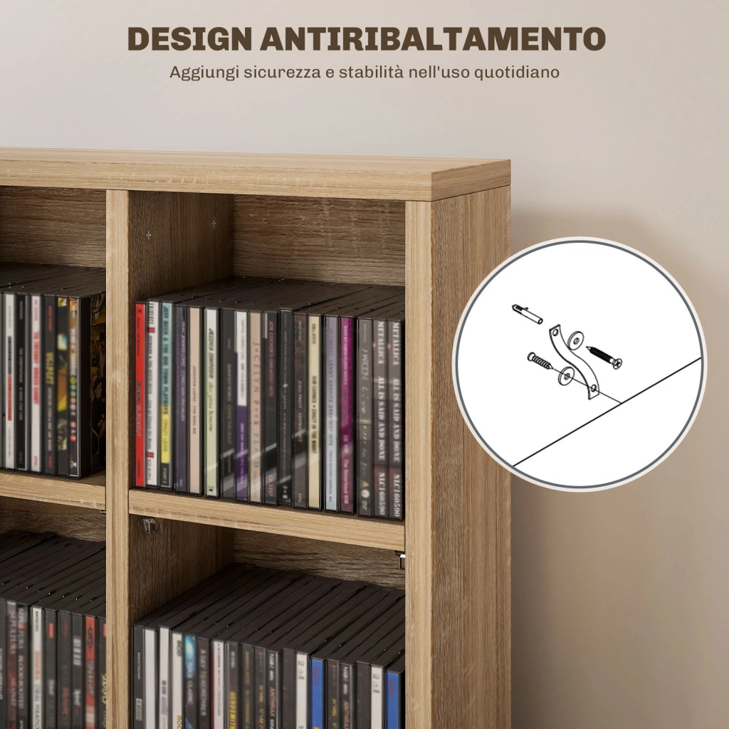 Mobile Porta CD con Ripiani Regolabili per 456 CD o 336 DVD. 24 Scomparti. 89x20x130.5 cm. Legno
