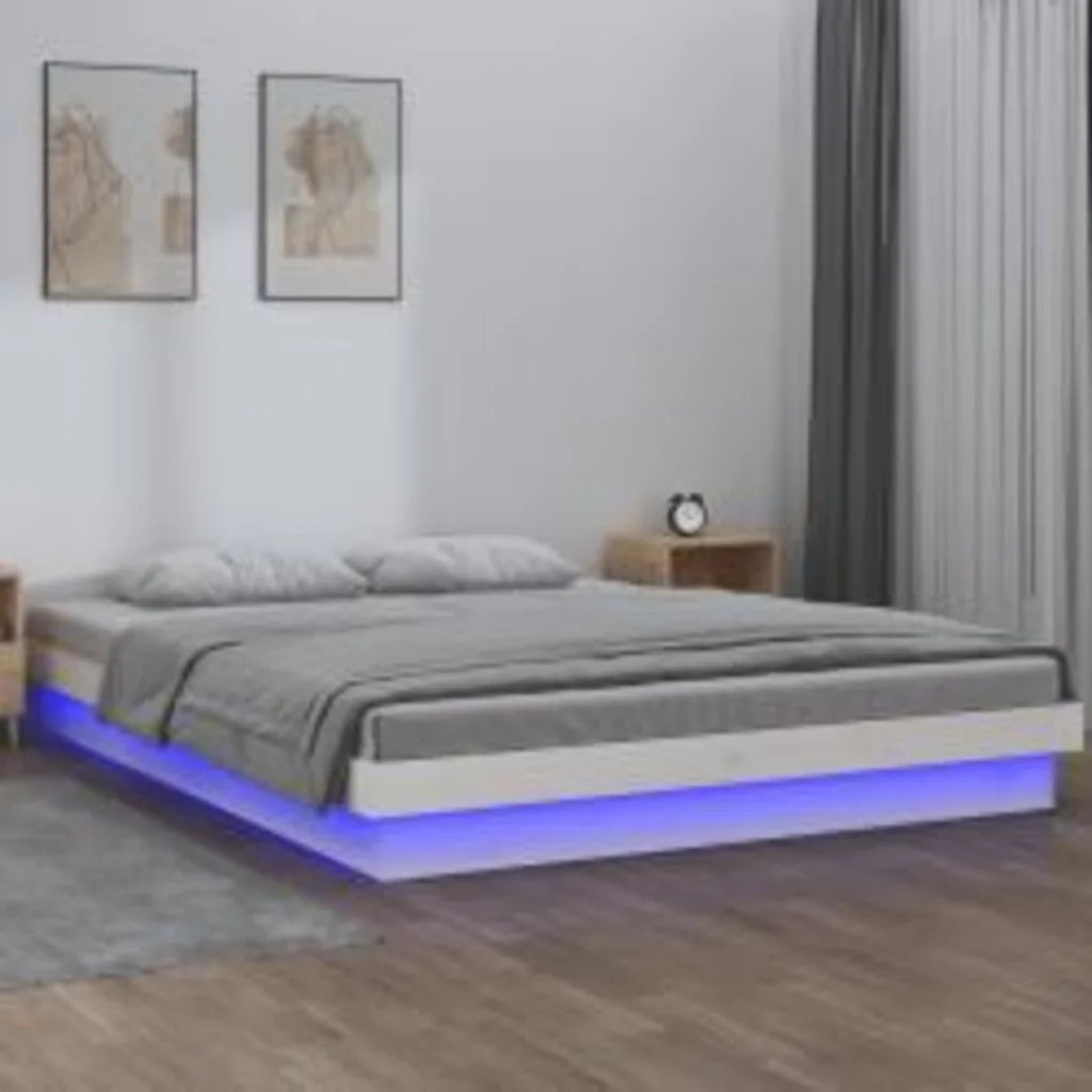 Letto matrimoniale | Letto per adulti | Giroletto con LED Bianco 140x200 cm in Legno Massello