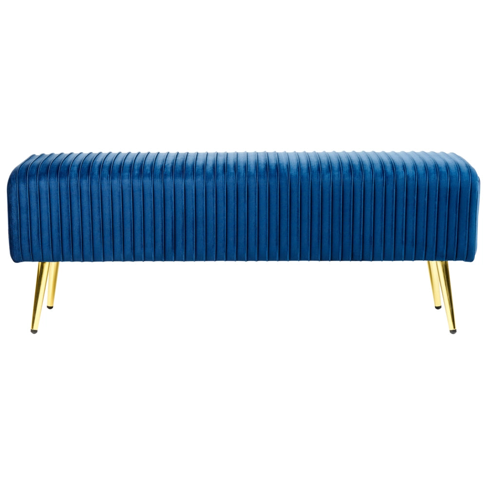 Panca Velluto Blu Imbottito Gambe In Metallo dorato 118 cm Glamour Soggiorno Camera Da Letto Corridoio