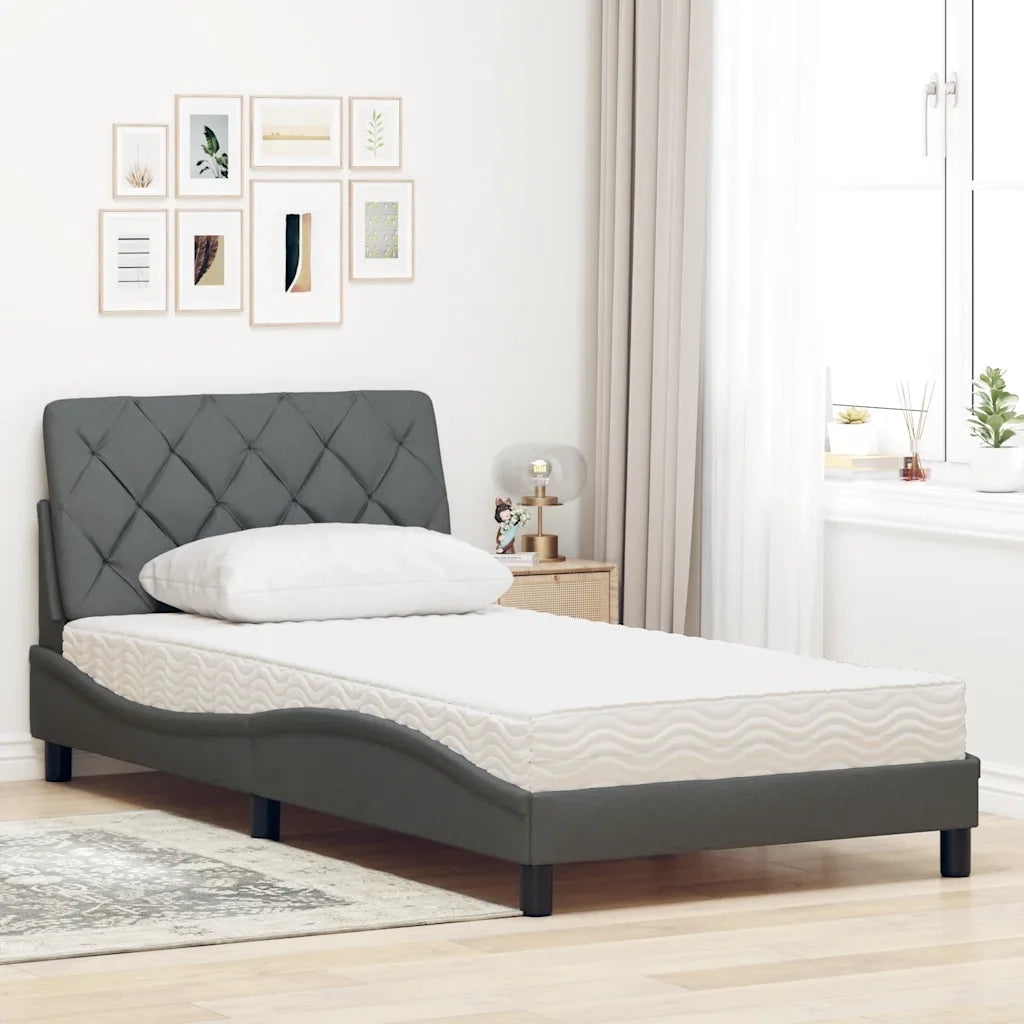 Letto con Materasso Grigio Scuro 100x200 cm in Tessuto