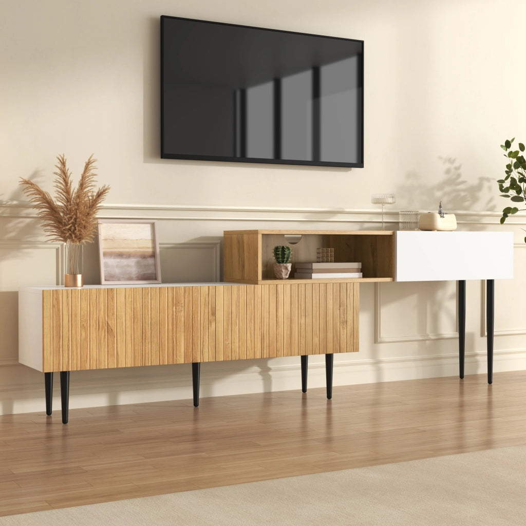 Mobile TV Modulare 2 Pezzi con 3 Ante a Ribalta e Passacavi; Stile Moderno; 240??30??63;5 cm; in MDF; Bianco e Legno