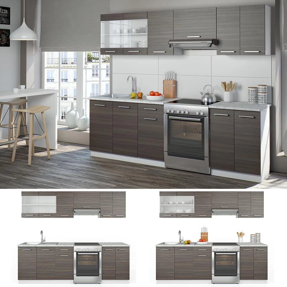 Mobile da cucina Raul, Grigio prezioso/bianco, 240 cm, PL Marmo, combinabile in modo flessibile con elementi modulari