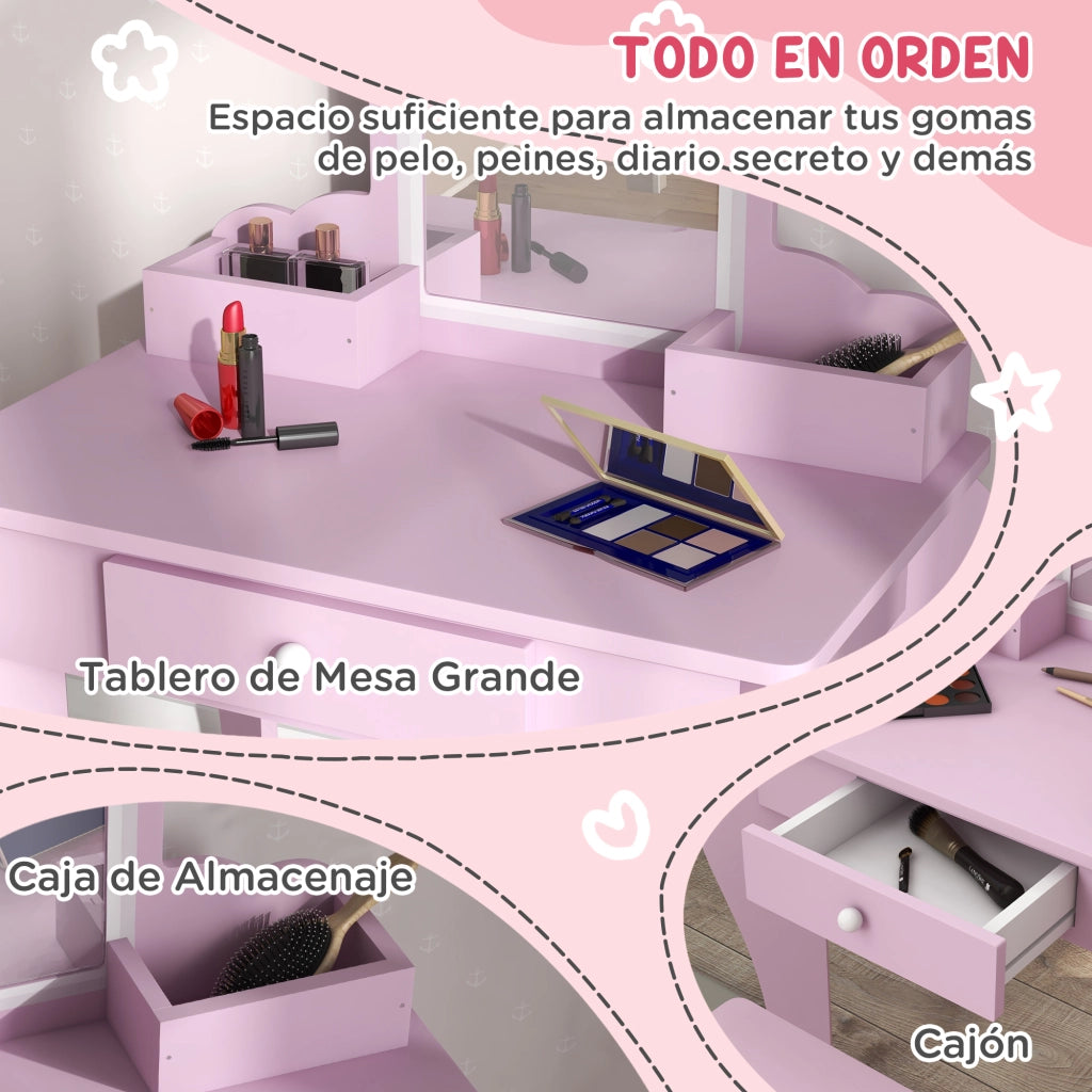 Tocador bambini con specchio cassetto e sgabello ¨C zephmum ¨C rosa 90x50x100