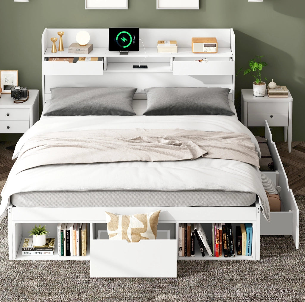 Letto multifunzione 160x200 cm bianco con USB e contenitori