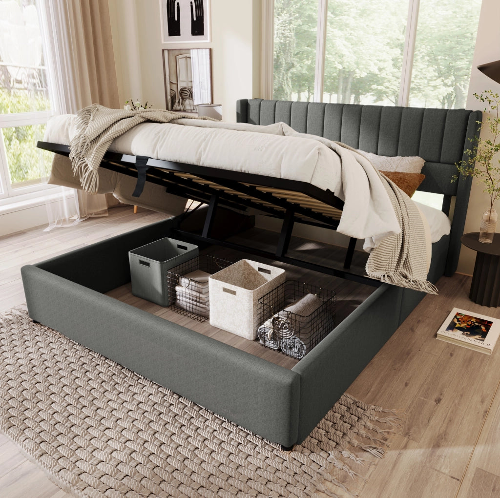 Letto contenitore 140x200 cm con materasso, lino grigio