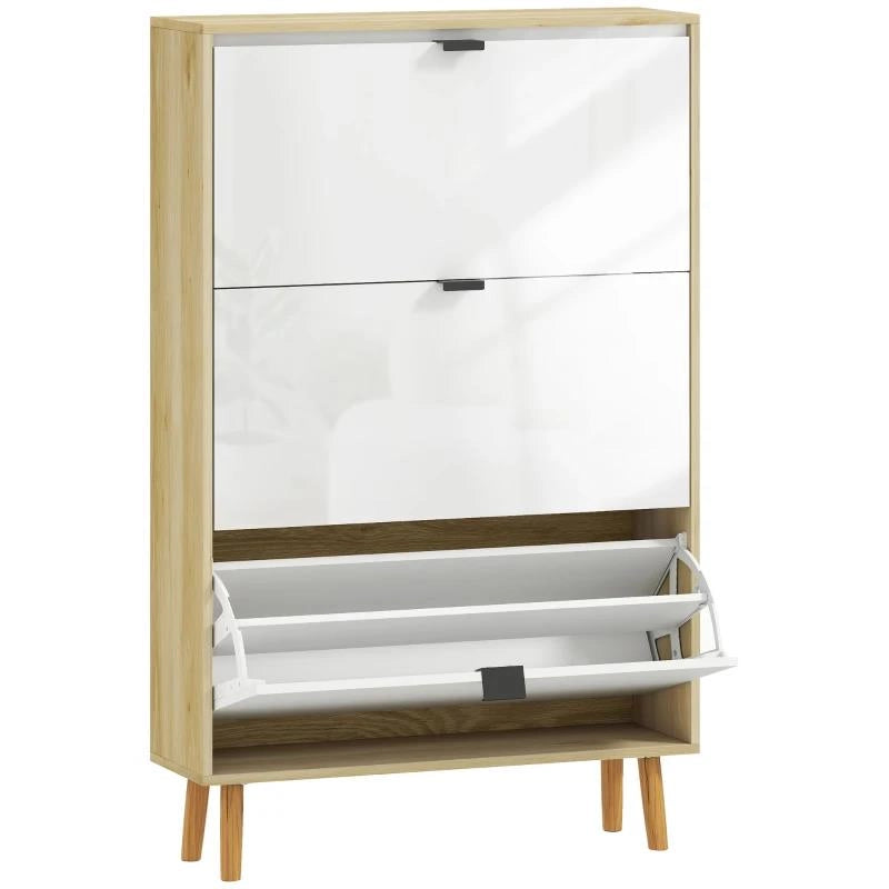 SCARPIERA SLIM MODERNA CON 3 CASSETTI RIBALTABILI PER 24 PAIA DI SCARPE, 80X24X127 CM, BIANCO