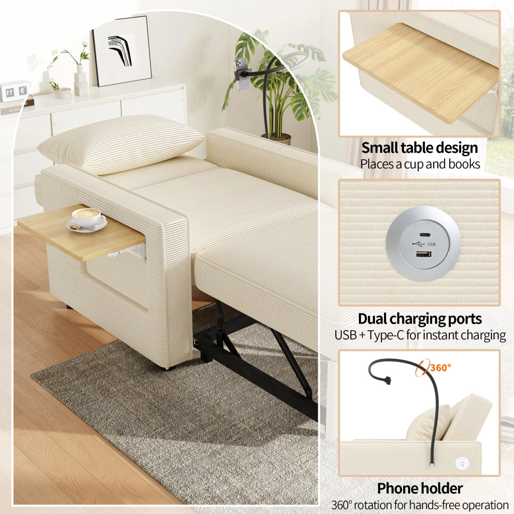 Divano letto 1 posto multifunzione con USB; Type-C e supporto smartphone; velluto a coste beige
