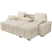 Divano angolare 3 posti con funzione letto; contenitore; tavolino integrato; USB e portabicchieri in chenille beige