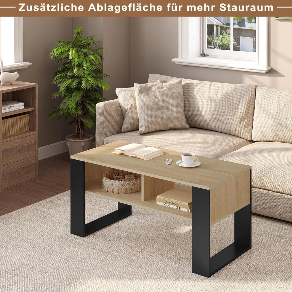 Tavolino da Salotto/Divano con 2 Scomparti Aperti, Tavolino Basso, Tavolo Laterale per Soggiorno, Camera da Letto, in Legno, Marrone Rustico + Nero, 90x45x45 cm, BTS16hov
