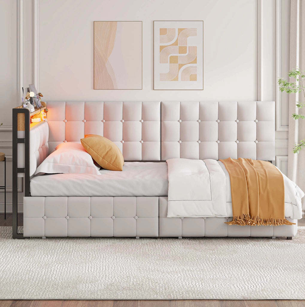 Divano letto imbottito 90x200 cm beige con 2 cassetti; LED; USB e porta Type-C