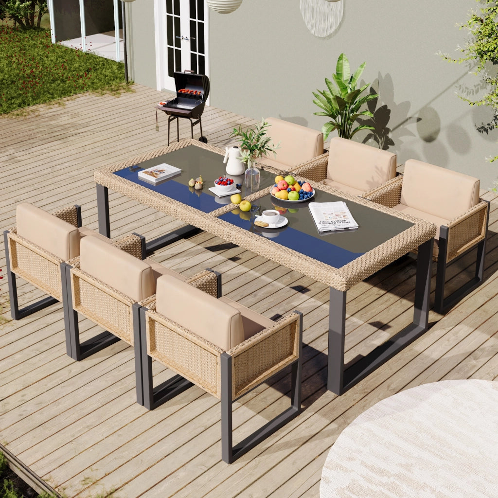 Tavolo e 6 Sedie da Giardino per 6 Persone; Cuscini con Rivestimento Sfoderabile; Rattan e Tessuto; Nero e Marrone