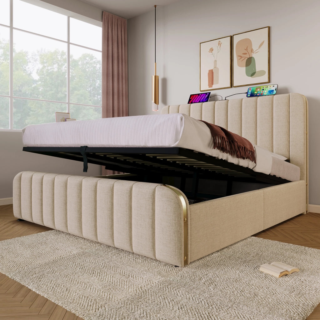 Letto matrimoniale imbottito 180x200 cm con testiera USB Type-C, contenitore idraulico, beige