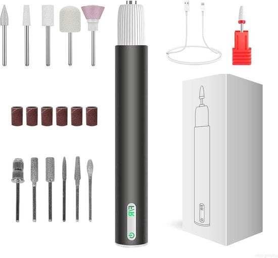 Vijl elettrica per pedicure - Vijl per manicure con 10 opzetstucchi di cura unghie di alta qualità - Illuminazione LED - Regolazione della velocità senza interruzione (nero)