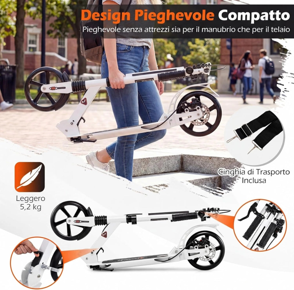 Monopattino Bambini e Adulti, Monopattino a Spinta Pieghevole e Regolabile in 3 Altezze, Monopattino Portatile con 2 Ruote, Cavalletto, Freno e Pedale Antiscivolo, Portata 100 kg