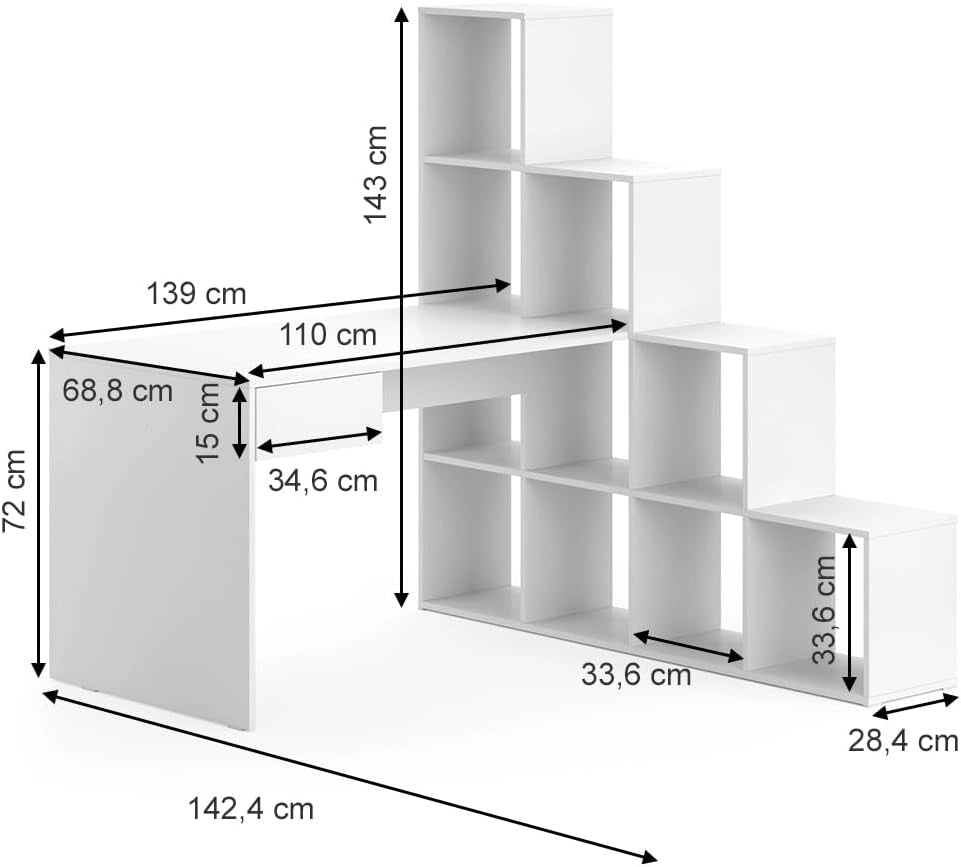 Scrivania angolare Sarah, Bianco, 139 x 142.4 cm, con mensola laterale integrata e piano di lavoro per attività al PC