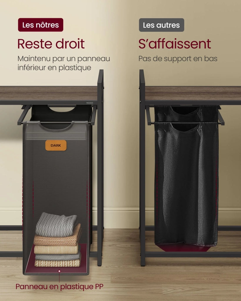 Cesto portabiancheria con 2 scomparti capacità 100 litri cestino con ruote carrello con ripiani sacco e tasche estraibili 6 etichette marrone nero grigio 12_0006651