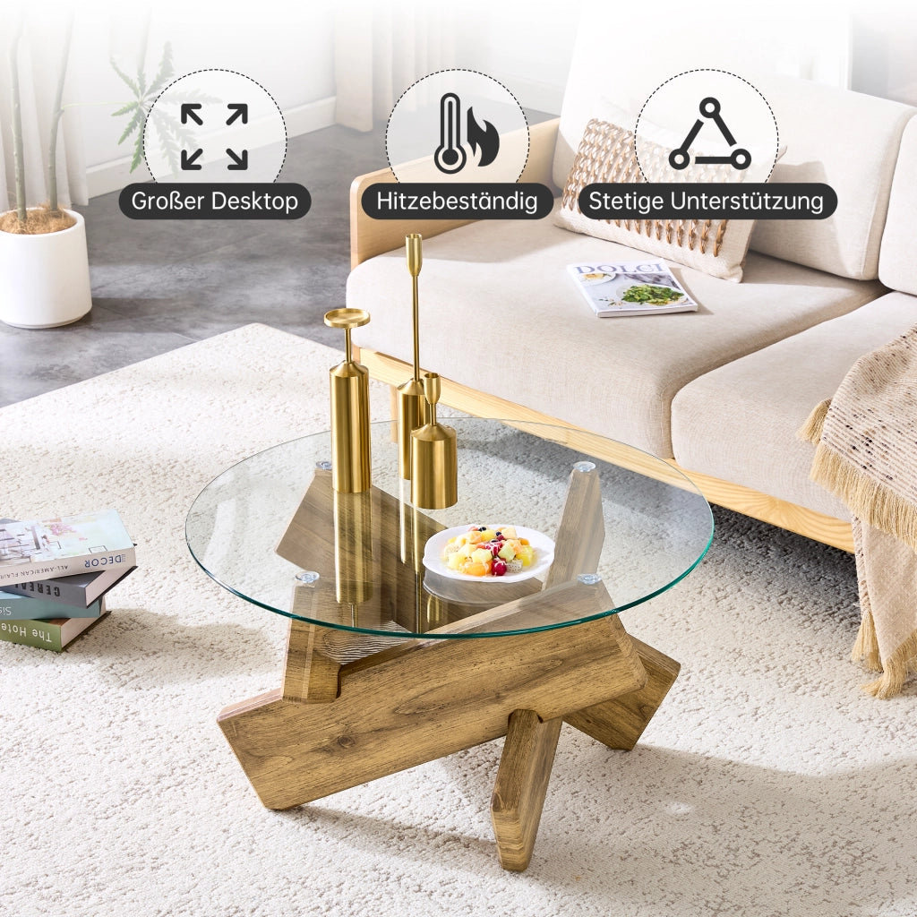 Tavolino da caffè rotondo con base a croce - per soggiorno - in MDF e vetro - 79×45 cm - trasparente e legno