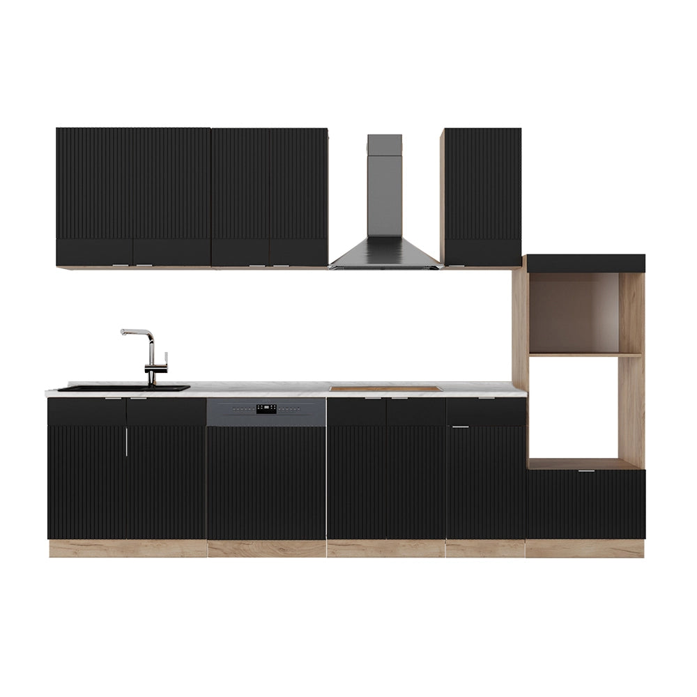 Cucina componibile Fame-Line Nero rigato/Rovere dorato 300 cm con armadio alto, PL Marmo Vicco
