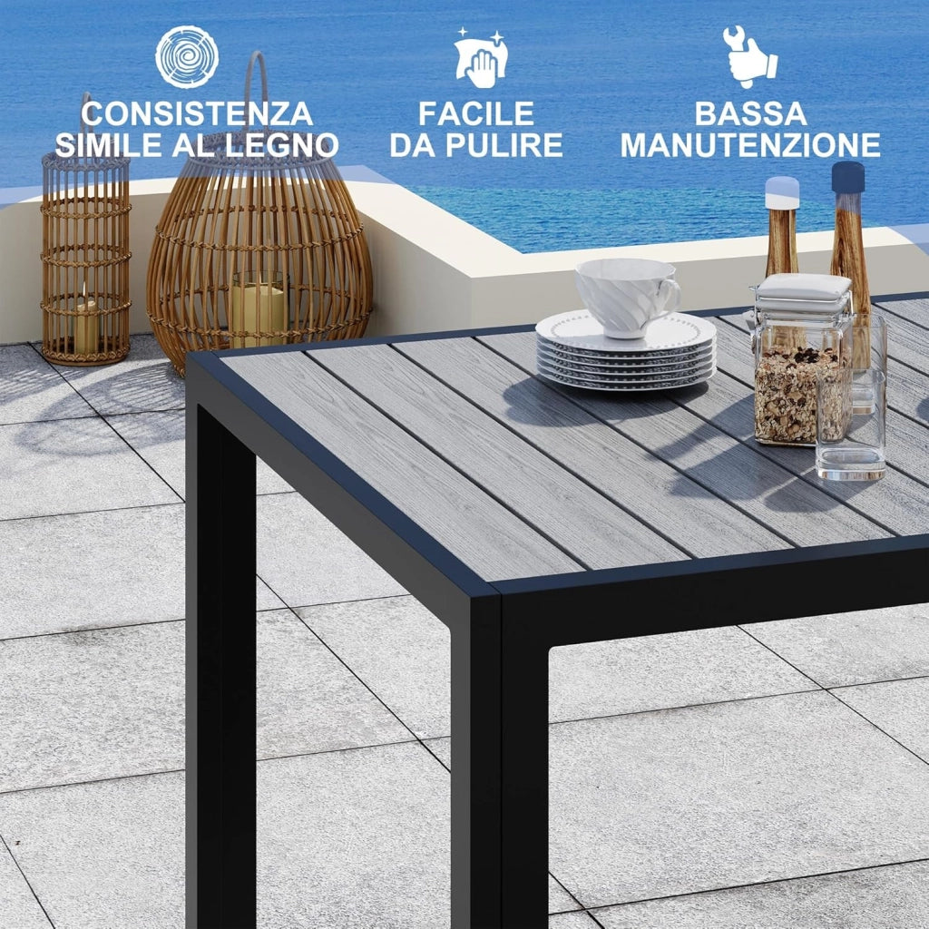 Tavolo da Giardino HDPS Resistente alle Intemperie, 189 x 80 x 74 cm Tavolino da Esterno Finitura a Vena di Legno e Facile da Manutenzionare, Tavolo da Pranzo Esterno per 6 a 8 Persone (Grigio)