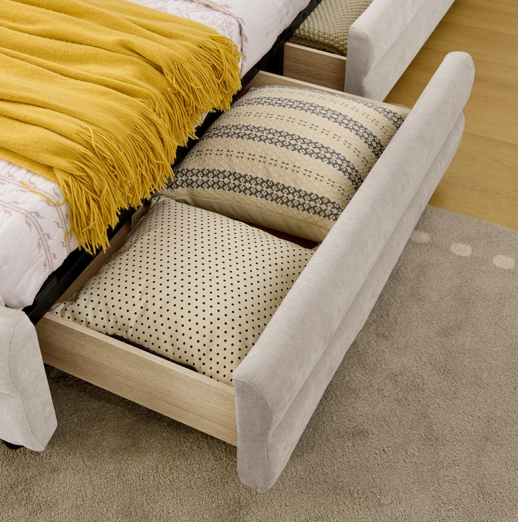 Letto singolo 90x200 cm con 2 cassetti; porte USB e Type-C; in tessuto Chenille beige