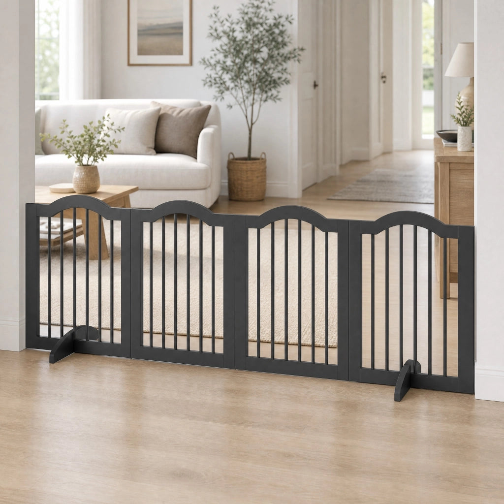 Cancello per cani pieghevole 208x61 cm con piedi di supporto in legno nero