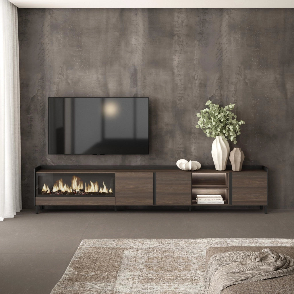 Mobile TV Soggiorno, 315x61x35 cm, Per TV fino a 80", Camino elettrico XXL, Design industriale, LED, Rovere scuro e Nero