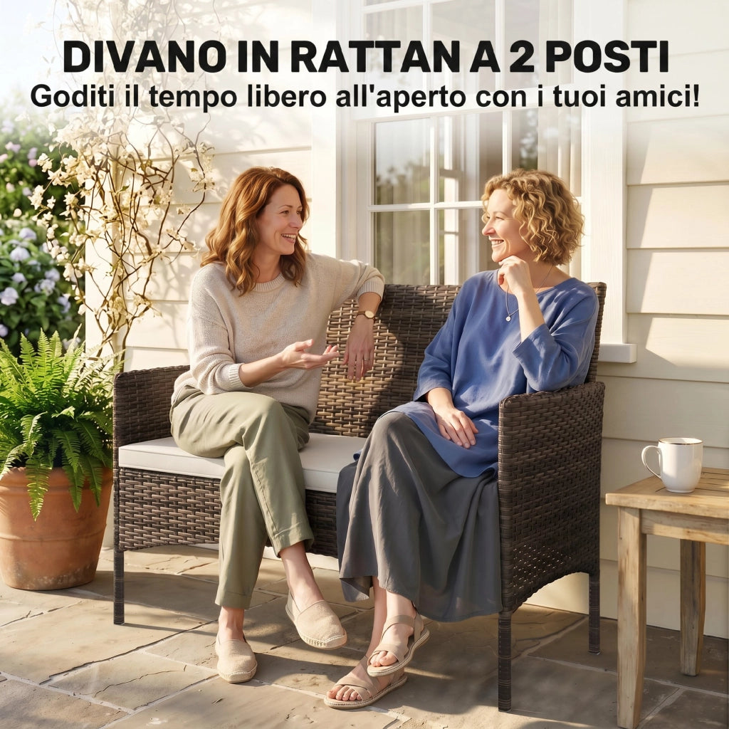 Divano da Giardino 2 Posti con Cuscini e Tappetini Antiscivolo, in Rattan e Acciaio, 115x63x85 cm, Beige