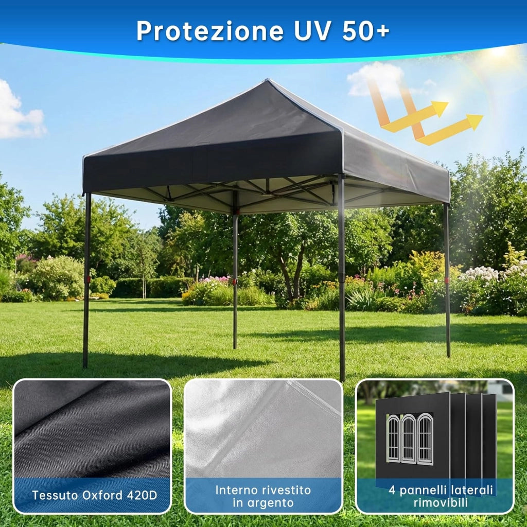 Gazebo 3 x 3 impermeabile, stabile, resistente all'inverno, altezza regolabile, gazebo pieghevole con 4 pareti laterali, protezione UV 50 +, per giardino, cortile, campeggio, gazebo nero