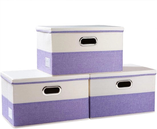 Opvougbili 3 cassetti con coperchio decorativi in lino, organizer, contenitori con maniglie, azzurro e crema (45 x 30 x 30 cm)