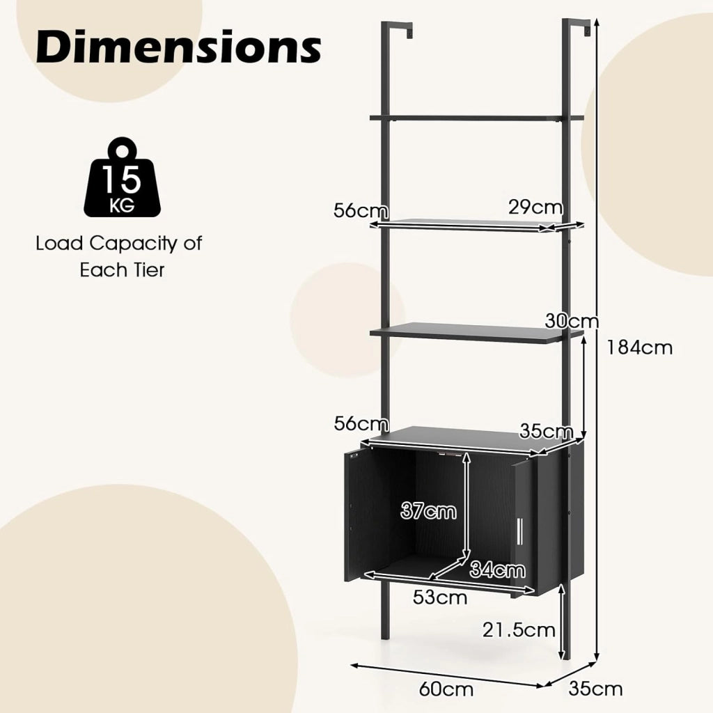 Libreria a 5 livelli con 1 armadio, 60 x 35 x 184 cm, scaffale per soggiorno, casa, ufficio e camera da letto