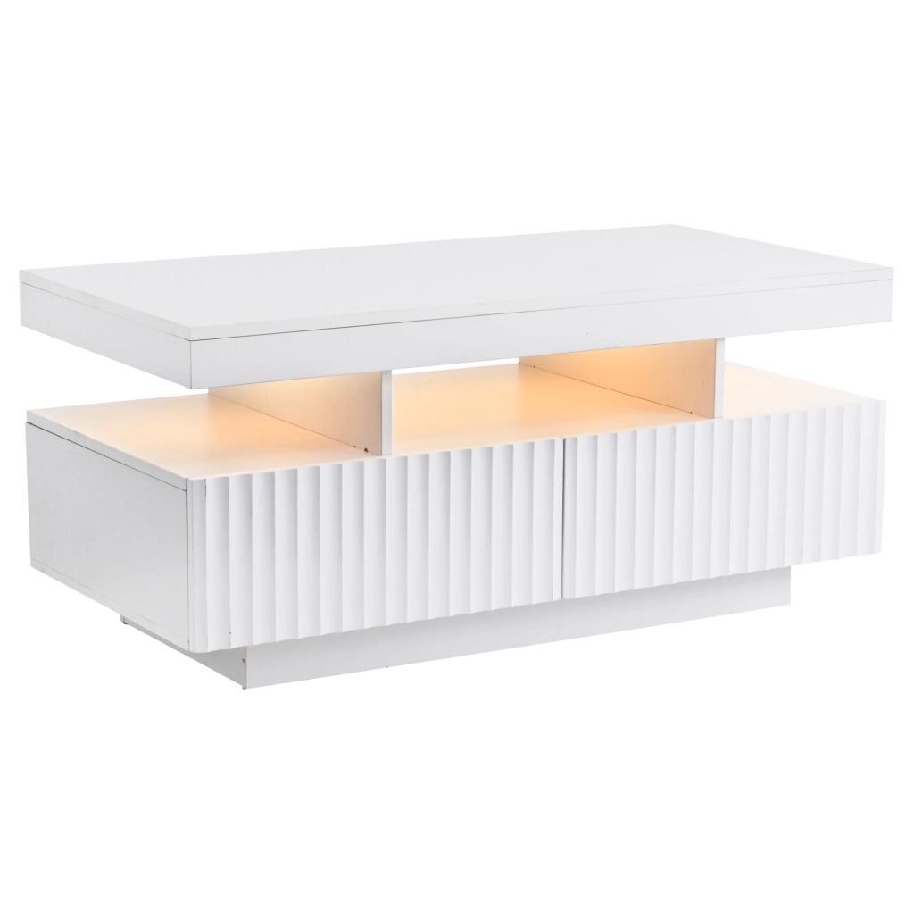 Tavolino da caffè 100x50x45 cm con 2 cassetti; luce LED controllata da app; truciolare; bianco