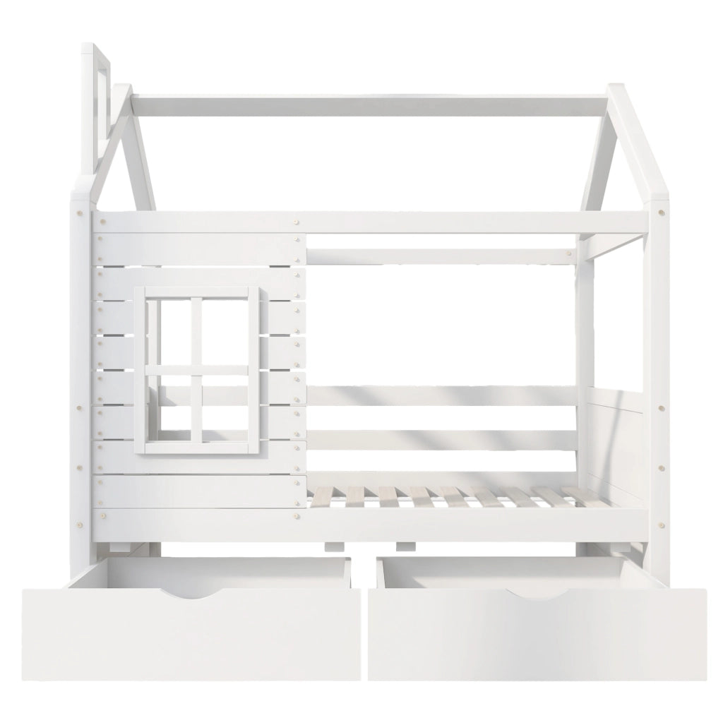 Letto per bambini 80x160 cm; casetta con finestre e cassetti; legno; bianco (Senza materasso)