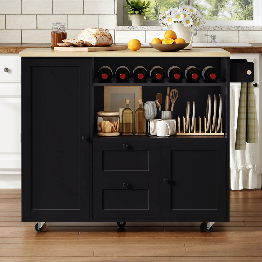 Carrello isola da cucina pieghevole 104x45(69)x89 cm in MDF naturale e nero
