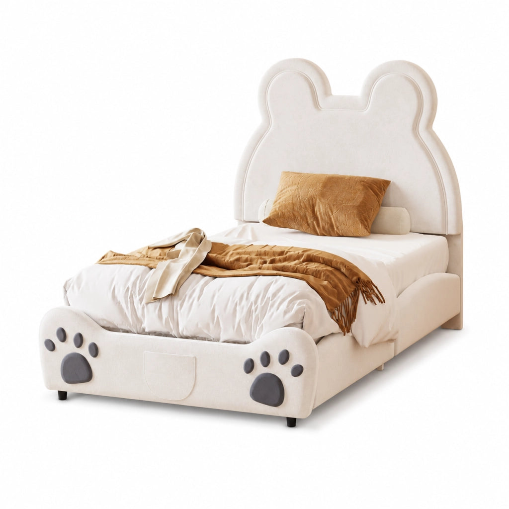 Letto imbottito per bambini 90x200 cm a forma di orso; velluto; bianco
