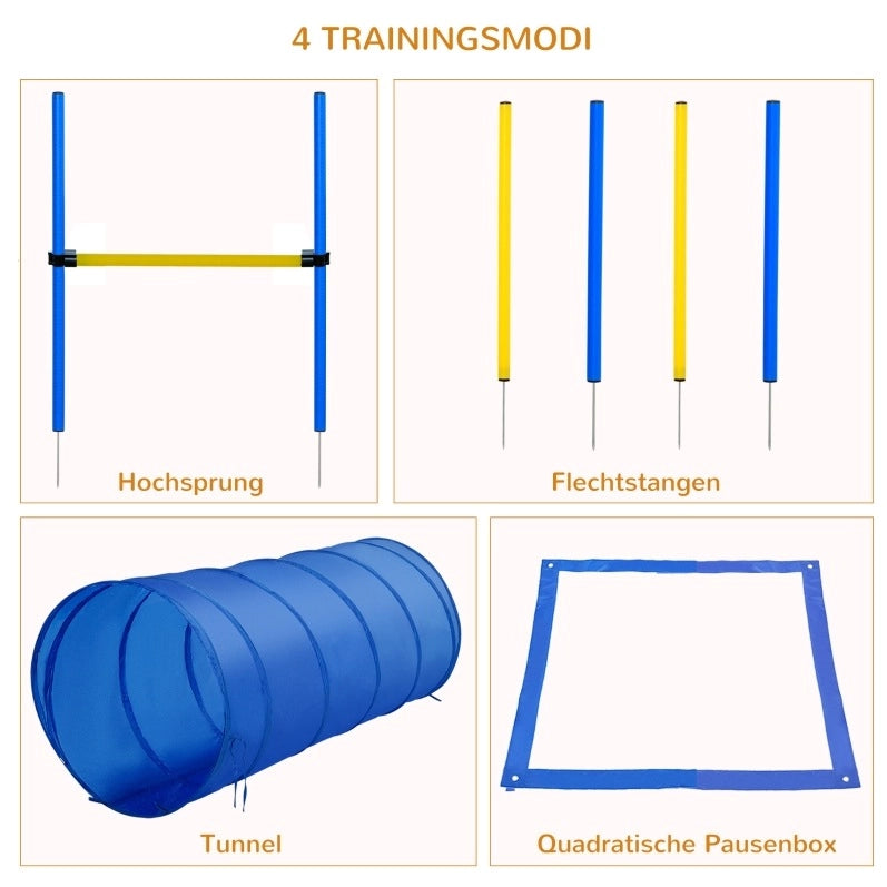 Set agility per cani giallo con tunnel, ostacoli e slalom