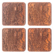 Tavoli di lavoro con panno di legno di sapeli, 4 pezzi, con mappa urbana, diverse città disponibili, manufatti a mano