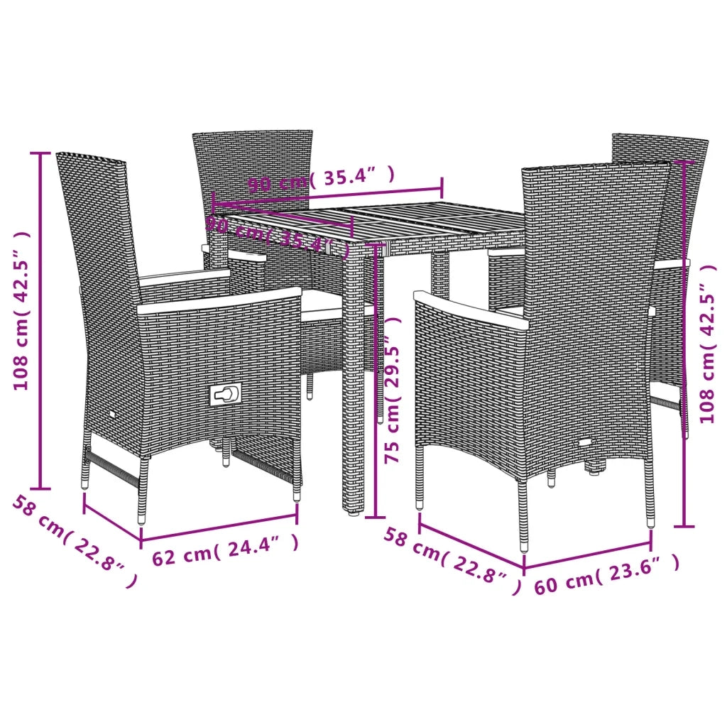 Set da Pranzo da Giardino 5 pz Nero con Cuscini in Polyrattan 3277506