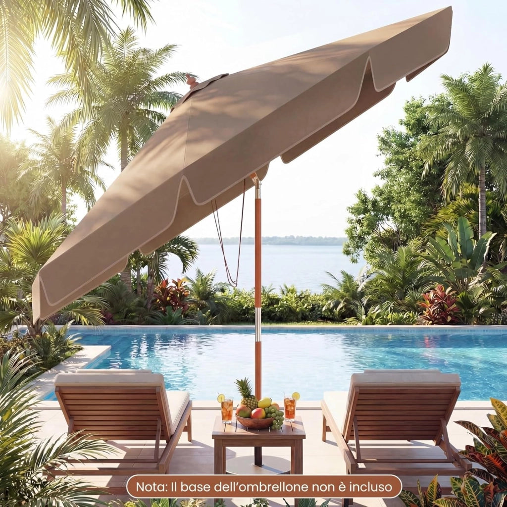 Ombrellone da Giardino 300 cm, con Inclinazione Regolabile, 8 Stecche, Ombrellone Spiaggia con Sollevamento a Carrucola, per Giardino, Spiaggia, Piscina (Marrone)