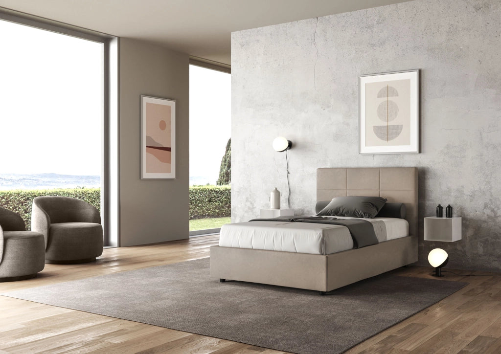 BS COM Letto una piazza e mezza con rete imbottito 120x210 microfibra sabbia