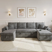 Divano angolare a U trasformabile 270x125x86 cm in chenille grigio con contenitore e USB