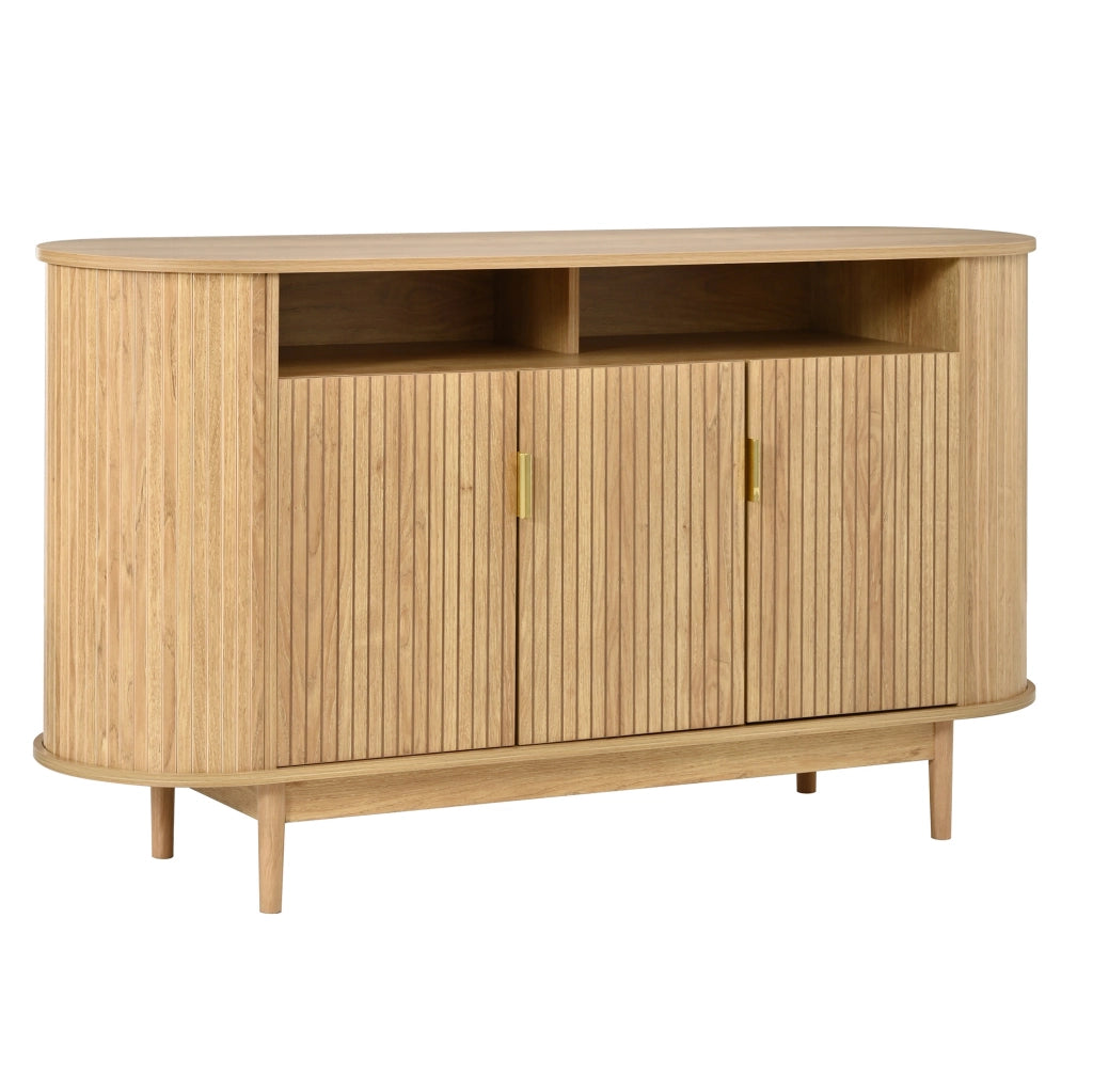 Sideboard moderno a 3 ante con struttura a linee verticali; 140 cm; in MDF e truciolare; naturale