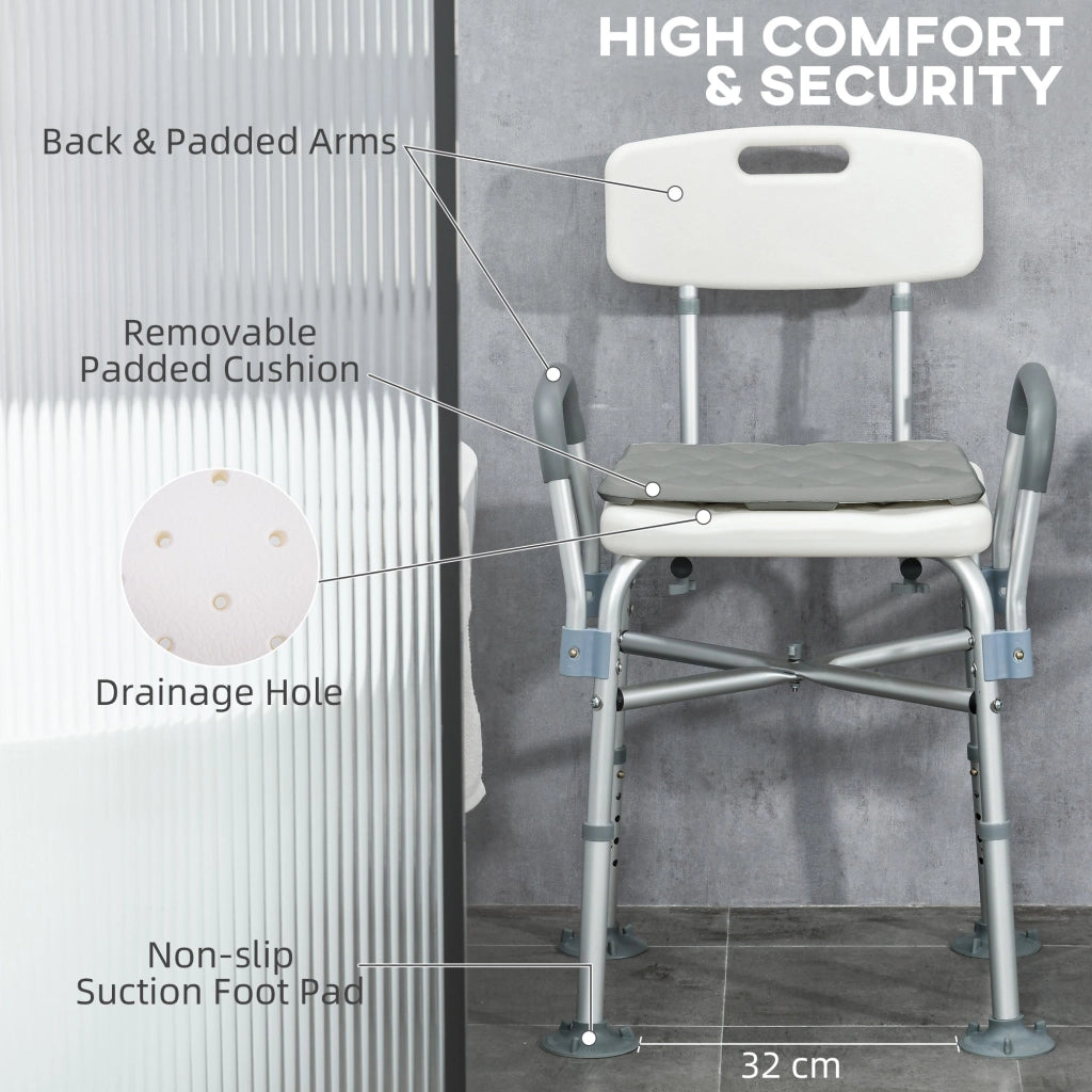 Sedia Doccia ad Altezza Regolabile con Braccioli e Cuscino Rimovibile  53,5x52x80-90 cm  Bianca