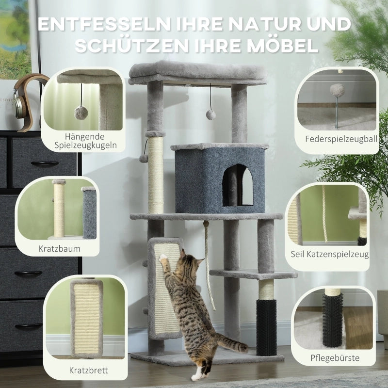 ALBERO RASCHIATOIO 132 cm con cuccia, casetta e piattaforme, grigio chiaro