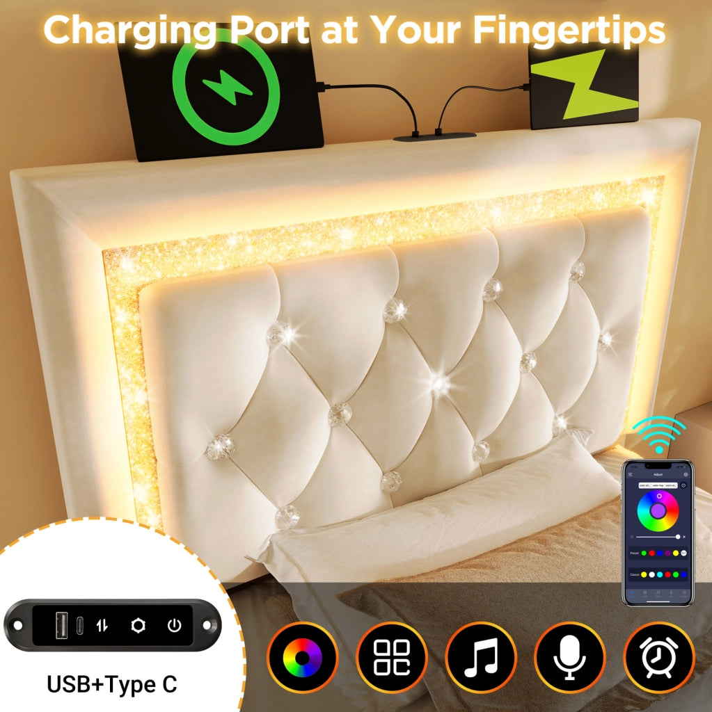 Letto 90x200 cm in velluto beige con LED; USB Type-C; contenitore e materasso