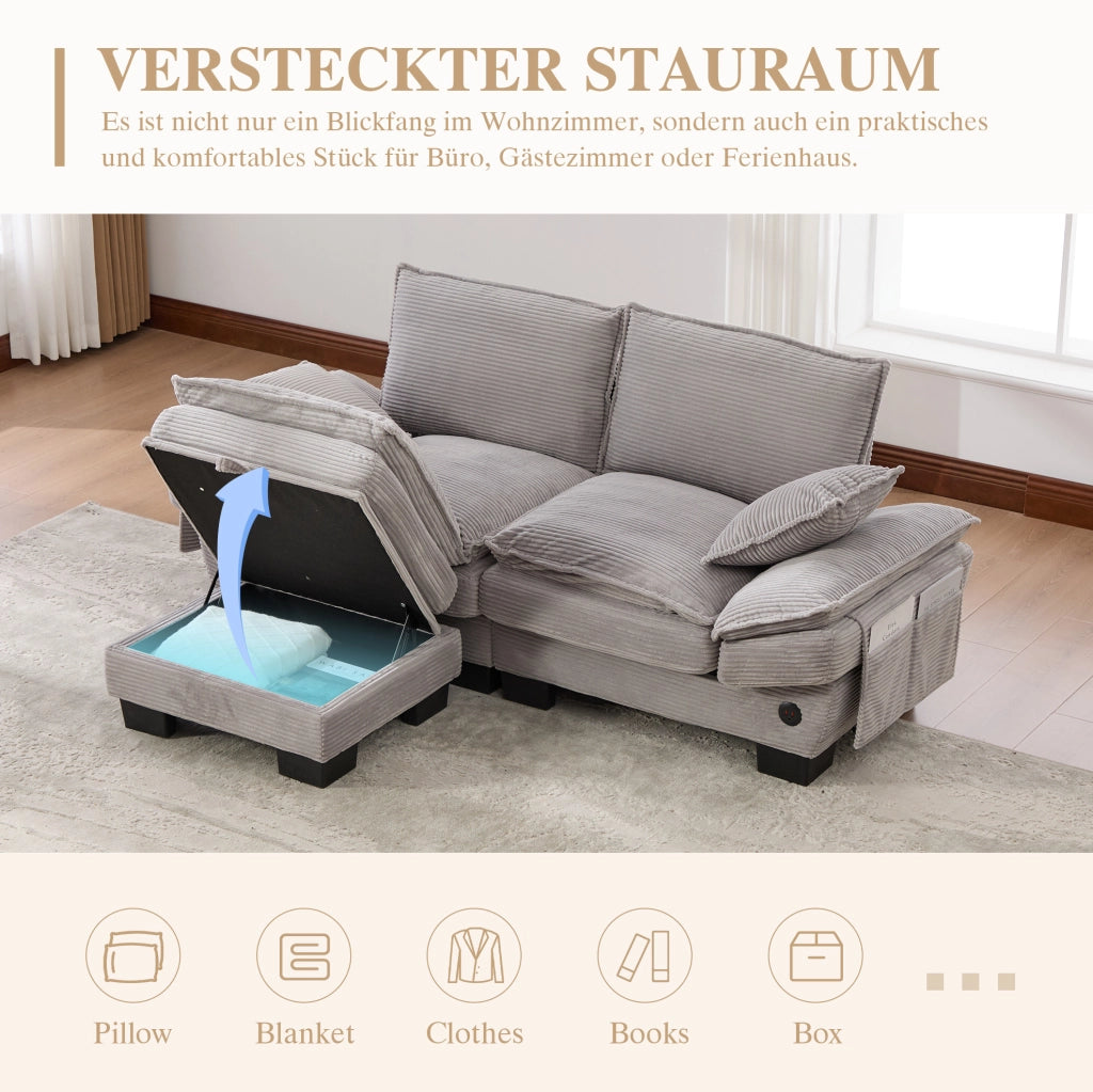 Divano 2 posti in velluto a coste con pouf; USB-C e tasche laterali grigio chiaro