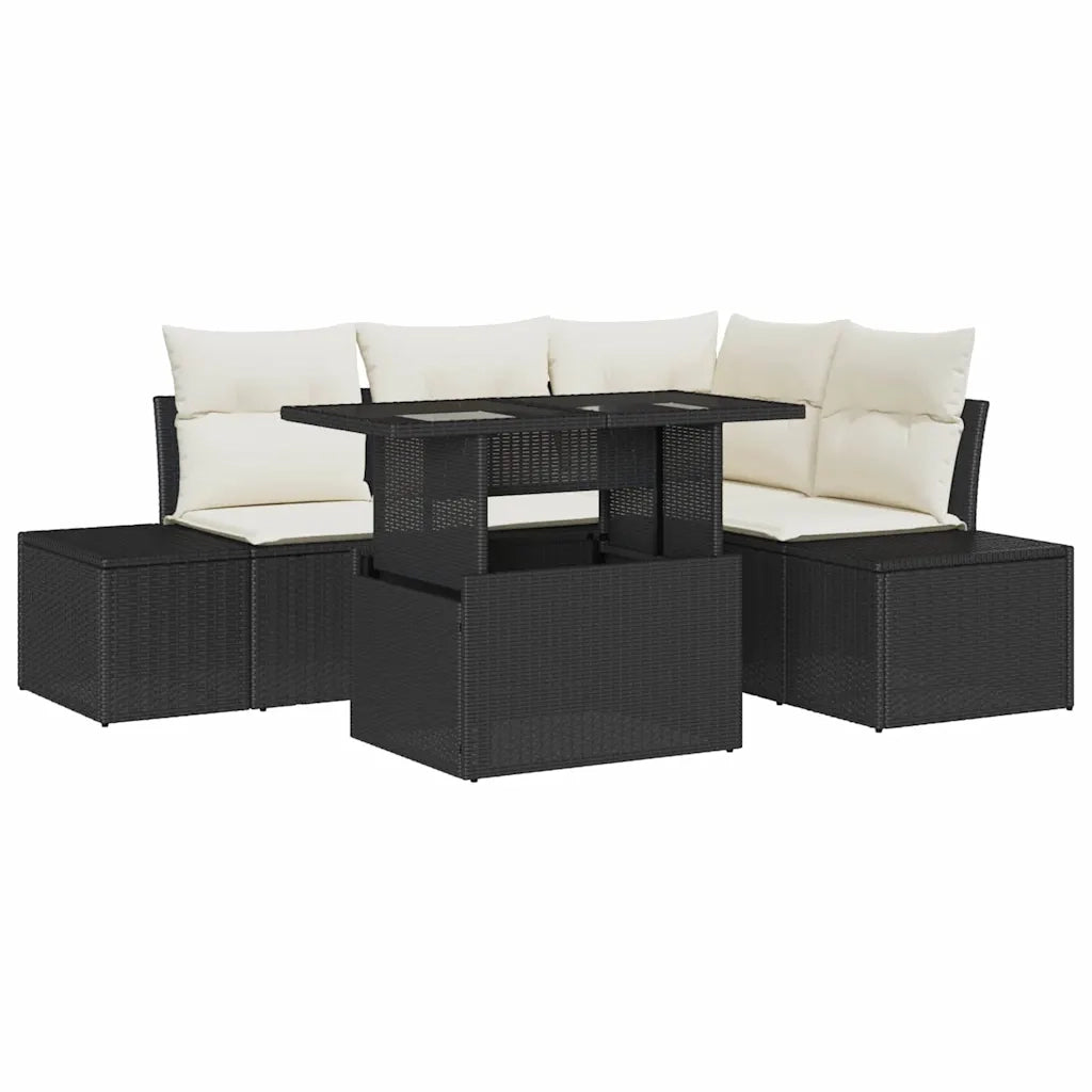 Set Divano da Giardino 5 pcs Nero e Crema polyrattan